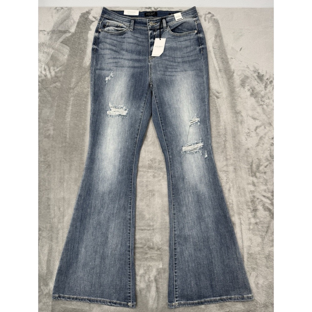 Judy Blue Flare Jeans Womens 13/31 Blue Denim High Waist Stretch Distressed NWT